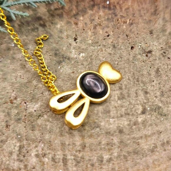 Silver Obsidian Flashy Stone Gold Matte Cute Bunny Pendant Necklace - Picture 10 of 10